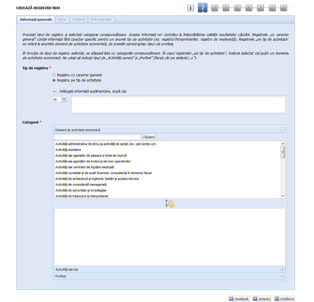 Registre - Adaugă registru - Registru pe tip de activitate - Domenii de activitate economică versiunea 6.1