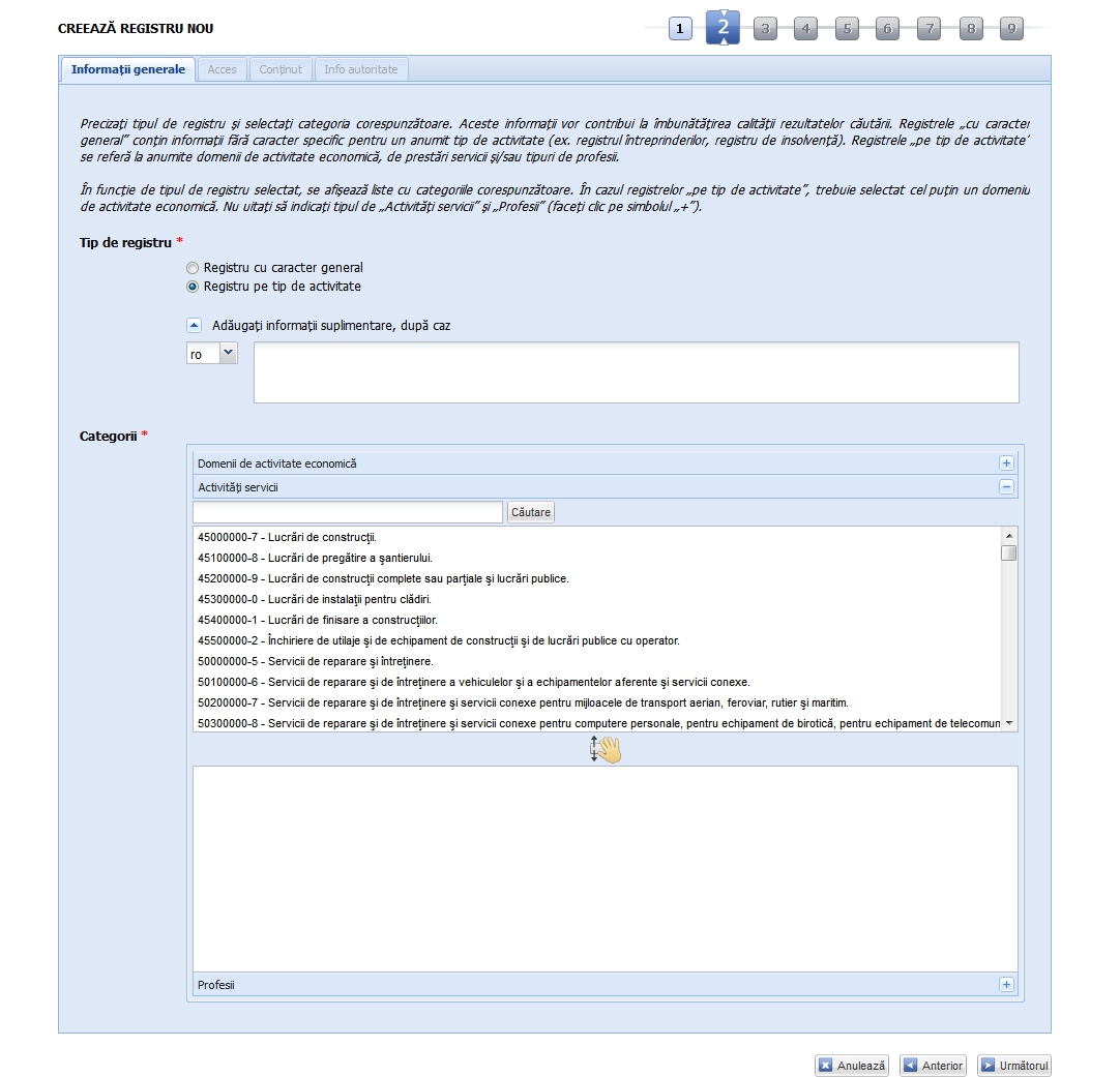 Registre - Adaugă registru - Registru pe tip de activitate - Activităţi servicii versiunea 6.1