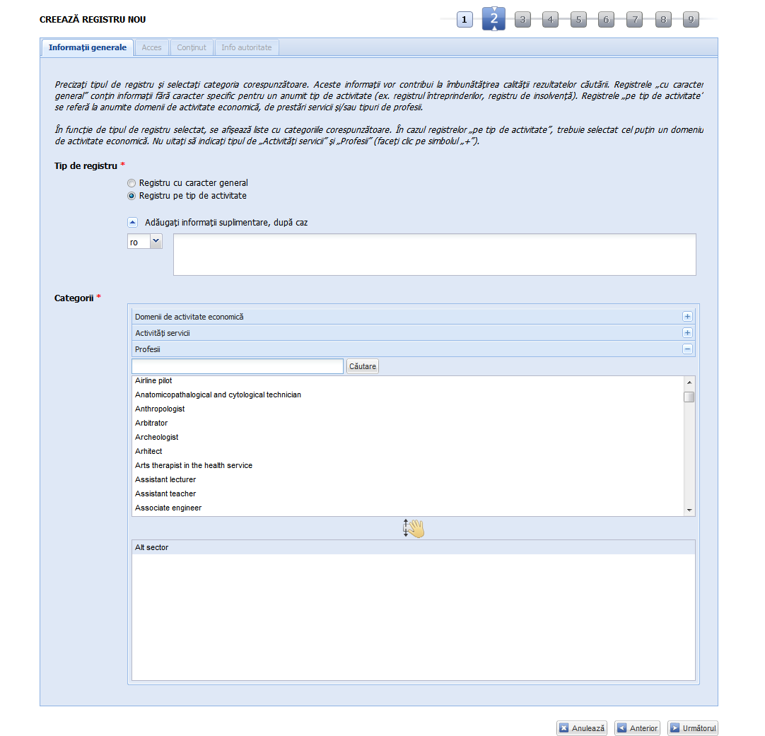 Registre - Adaugă registru - Registru pe tip de activitate - Profesii - Selectare Alt sector versiunea 6.1