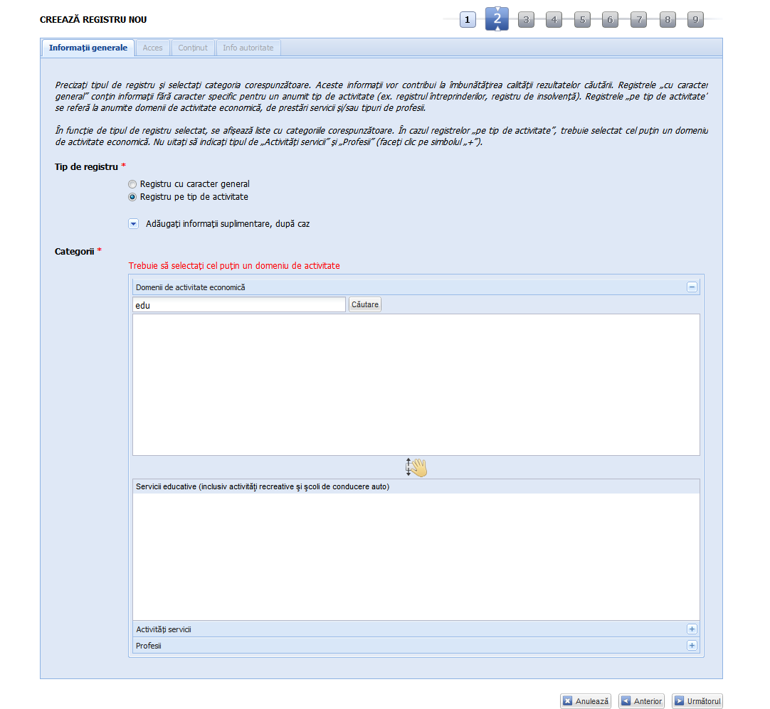 Registre - Adaugă registru - Registru pe tip de activitate - Selectare domeniu de activitate economică versiunea 6.1