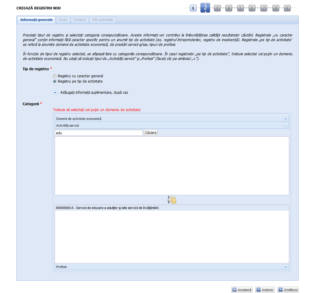 Registre - Adaugă registru - Registru pe tip de activitate - Selectare activitate servicii versiunea 6.1