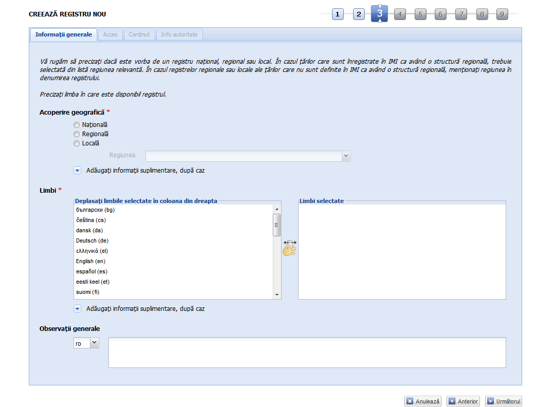 Registre - Adaugă registru - Acoperire geografică şi limbi versiunea 6.1