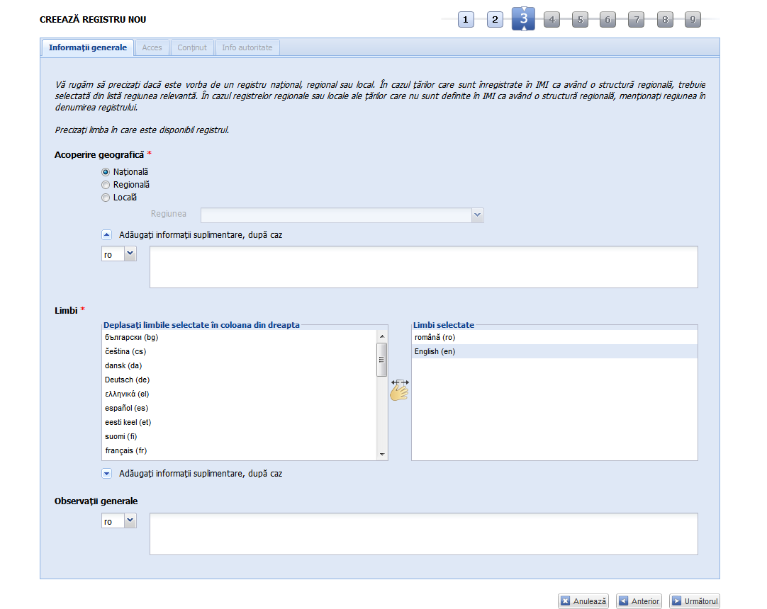 Registre - Adaugă registru - Acoperire naţională, limbile engleză şi franceză versiunea 6.1