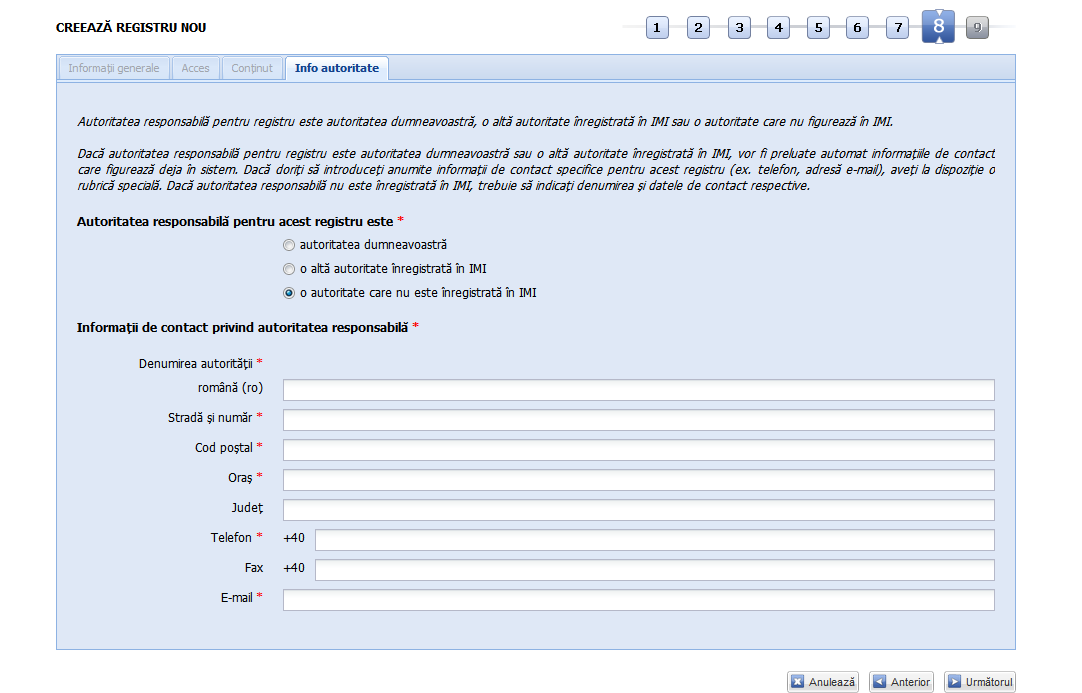 Registre - Adaugă registru - Info autoritate - nu e în IMI versiunea 6.1