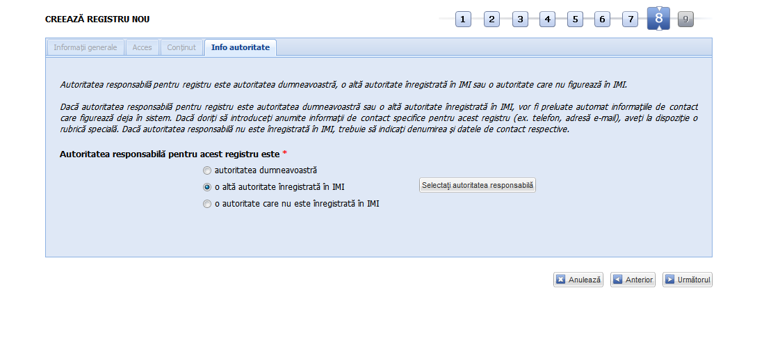 Registre - Adaugă registru - Info autoritate - altă autoritate IMI versiunea 6.1