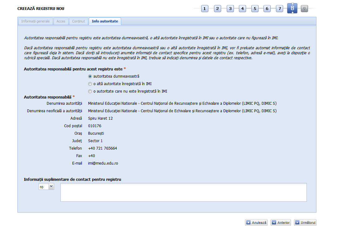 Registre - Adaugă registru - Info autoritate - autoritatea mea versiunea 6.1
