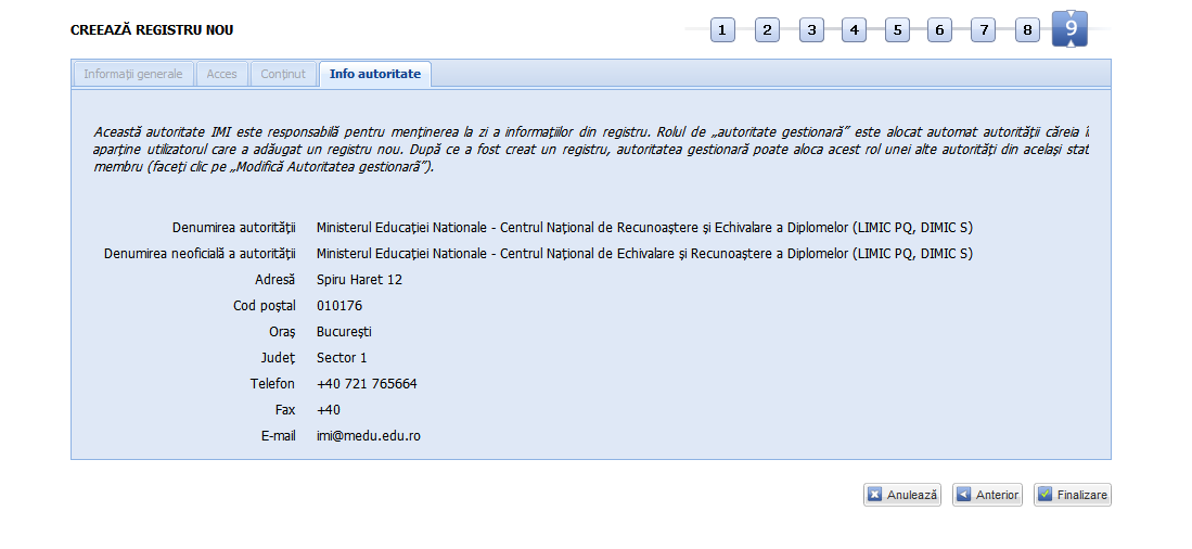 Registre - Adaugă registru - Info autoritate - Autoritatea IMI responsabilă de registru versiunea 6.1