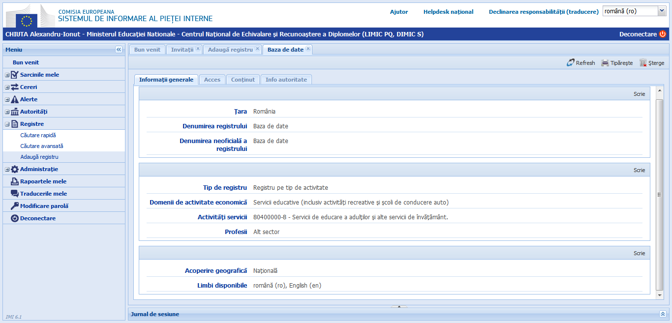 Registre - Adaugă registru - Informaţii generale versiunea 6.1