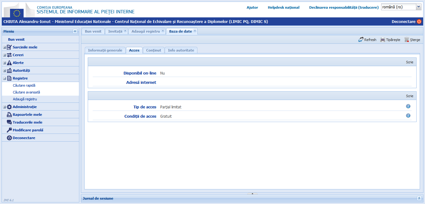 Registre - Adaugă registru - Acces versiunea 6.1