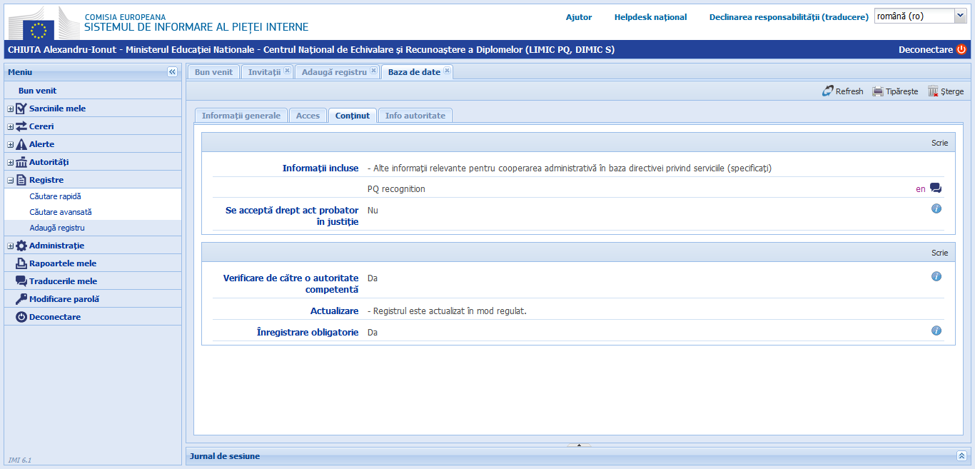 Registre - Adaugă registru - Conţinut versiunea 6.1