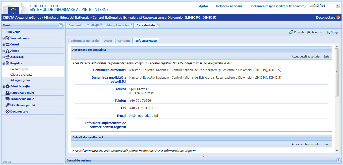 Registre - Adaugă registru - Info autoritate 1 versiunea 6.1