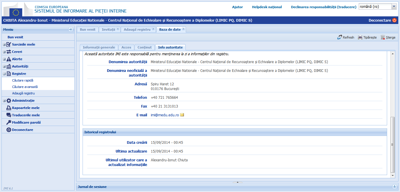 Registre - Adaugă registru - Info autoritate 3 versiunea 6.1