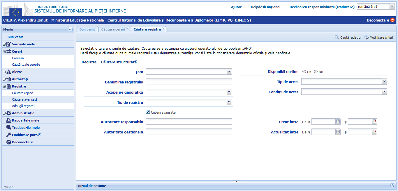 Registre - Căutare structurată - Criterii avansate versiunea 6.1