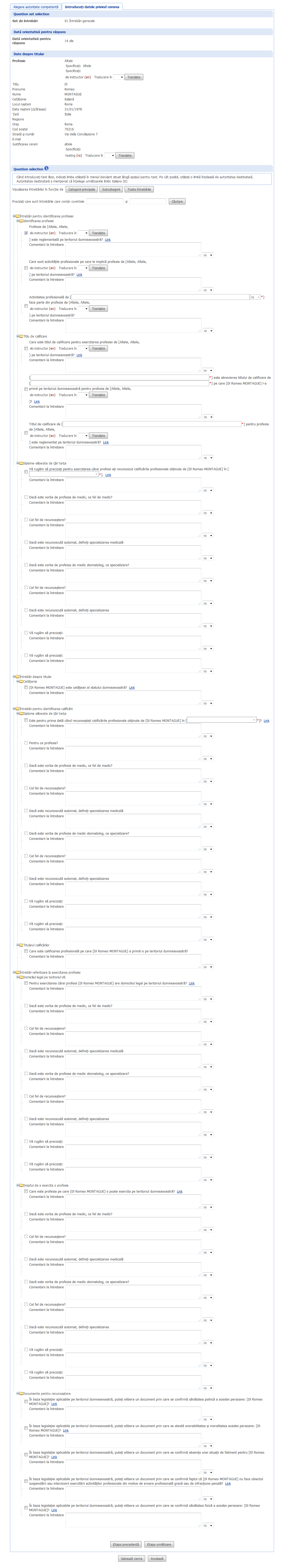 Creează cerere - Introduceţi datele privind cererea - Selectare întrebări - subcategorii setul 2 - întrebare selectată versiunea 6.1