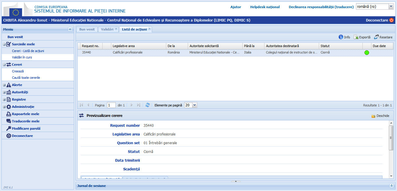 Sarcinile mele - Cereri - Listă de acţiuni versiunea 6.1